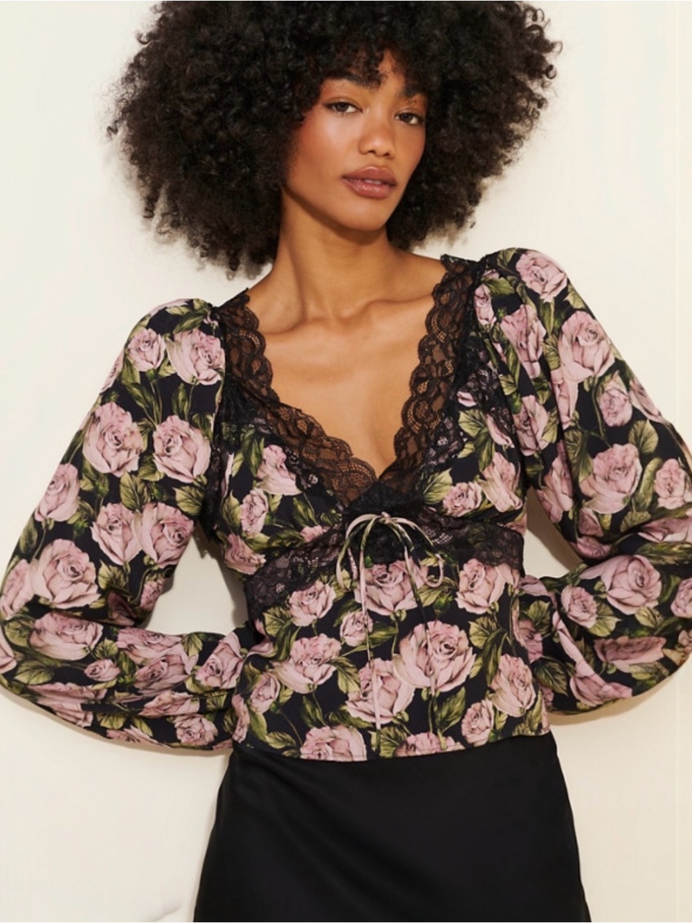 For Love & Lemons Clarisse Black Pink Roses Puff Shoulders Blouse Top XS